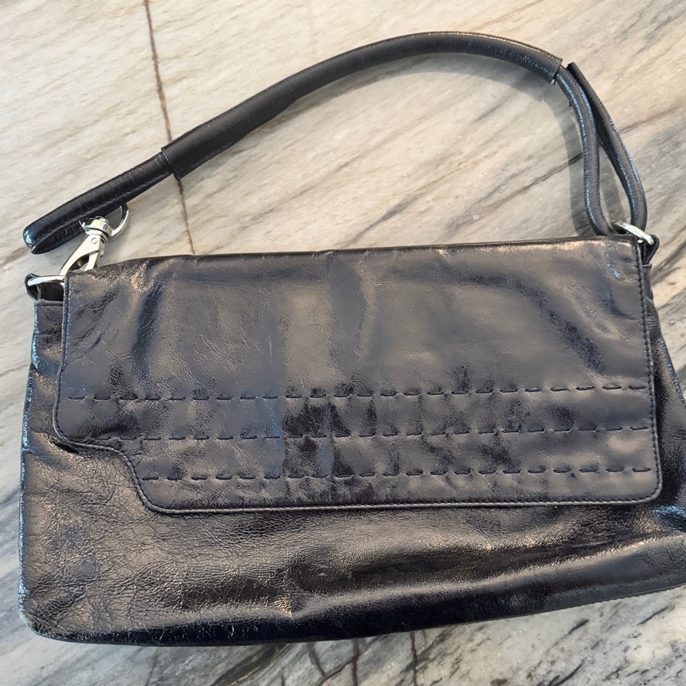 DONALD J PLINER Handbag, Black Patent Leather, Shoulder Strap, Foldover Pocket